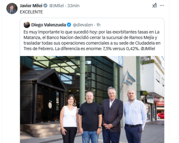 Javier Milei celebró el cierre de la sucursal del Banco Nación en La Matanza - Provincia Noticias