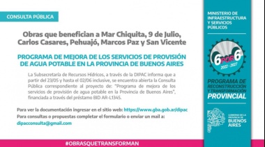 De qué se trata la consulta Pública por obras de agua potable en diferentes distritos de la Provincia